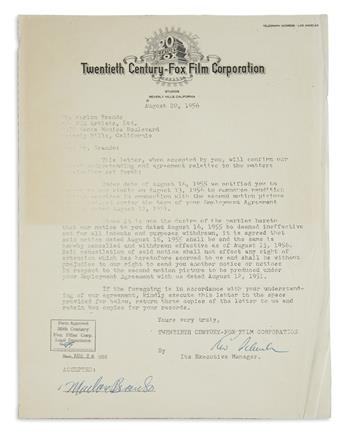 MARLON BRANDO. Two Signatures, each on a typed letter to him from an official at Twentieth Century Fox. The firs...